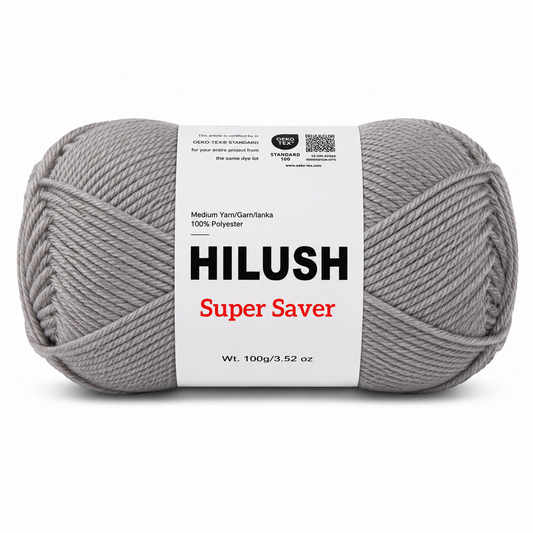 Hilush Super Saver yarn ball in grey color, 100g medium weight polyester yarn for knitting and crochet