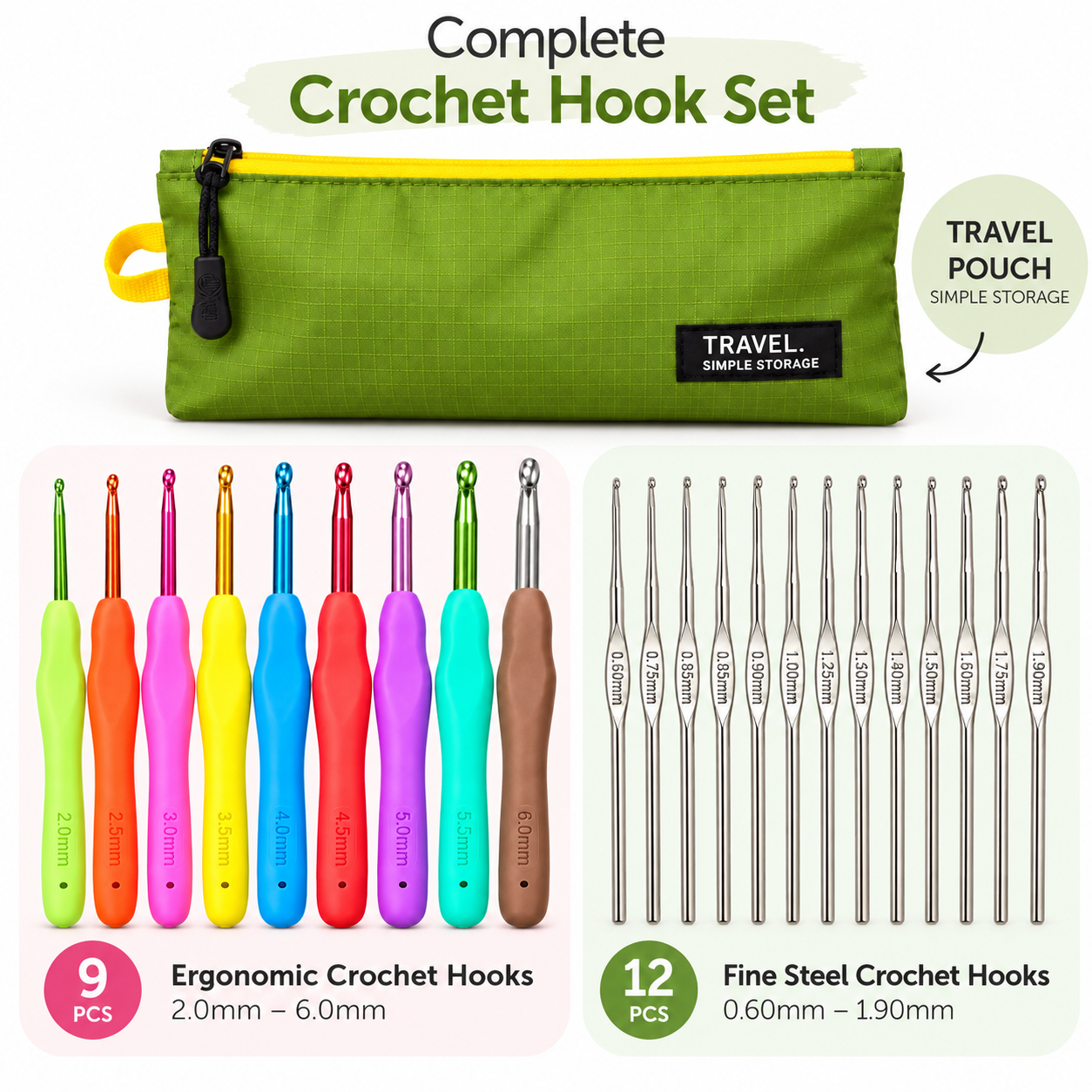 HILUSH Crochet Hook Set with Travel Pouch – 21-Piece Ergonomic & Steel Crochet Needles Kit