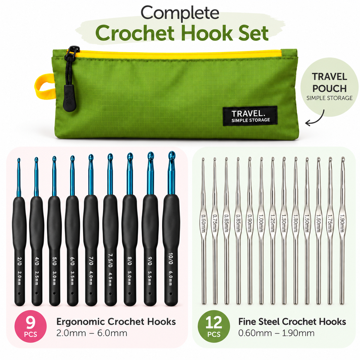 HILUSH Crochet Hook Set with Travel Pouch | 21-Piece Kit