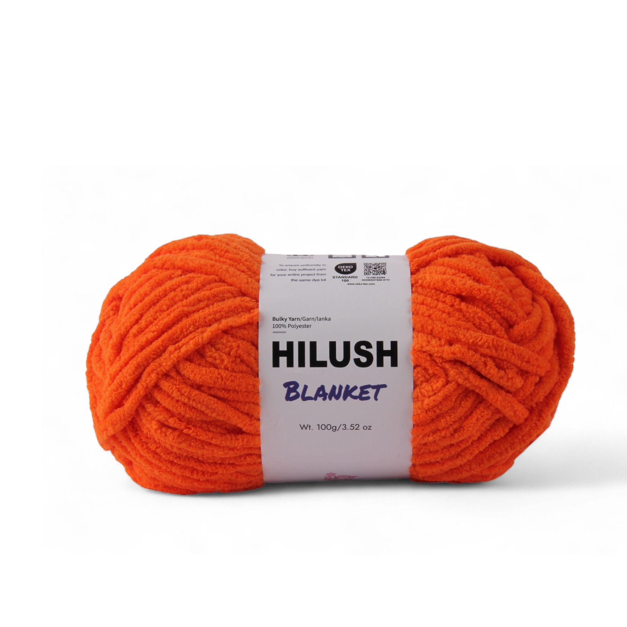 Hilush blanket yarn ball in orange color, 100g super bulky weight polyester yarn for knitting and crochet