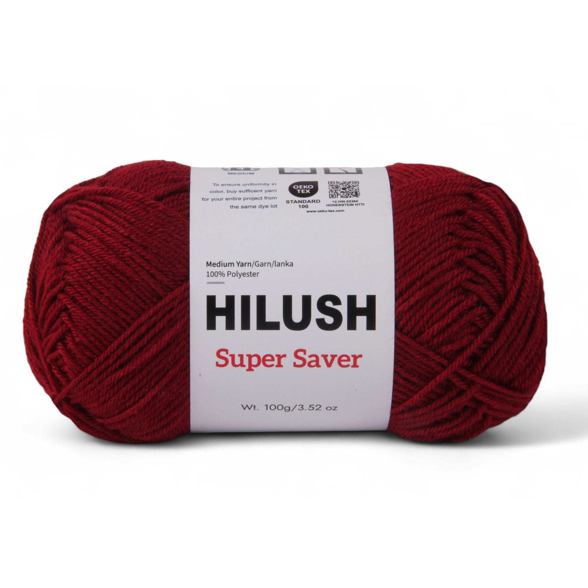 Hilush Super Saver yarn ball in cranberry red color, 100g medium weight polyester yarn for knitting and crochet