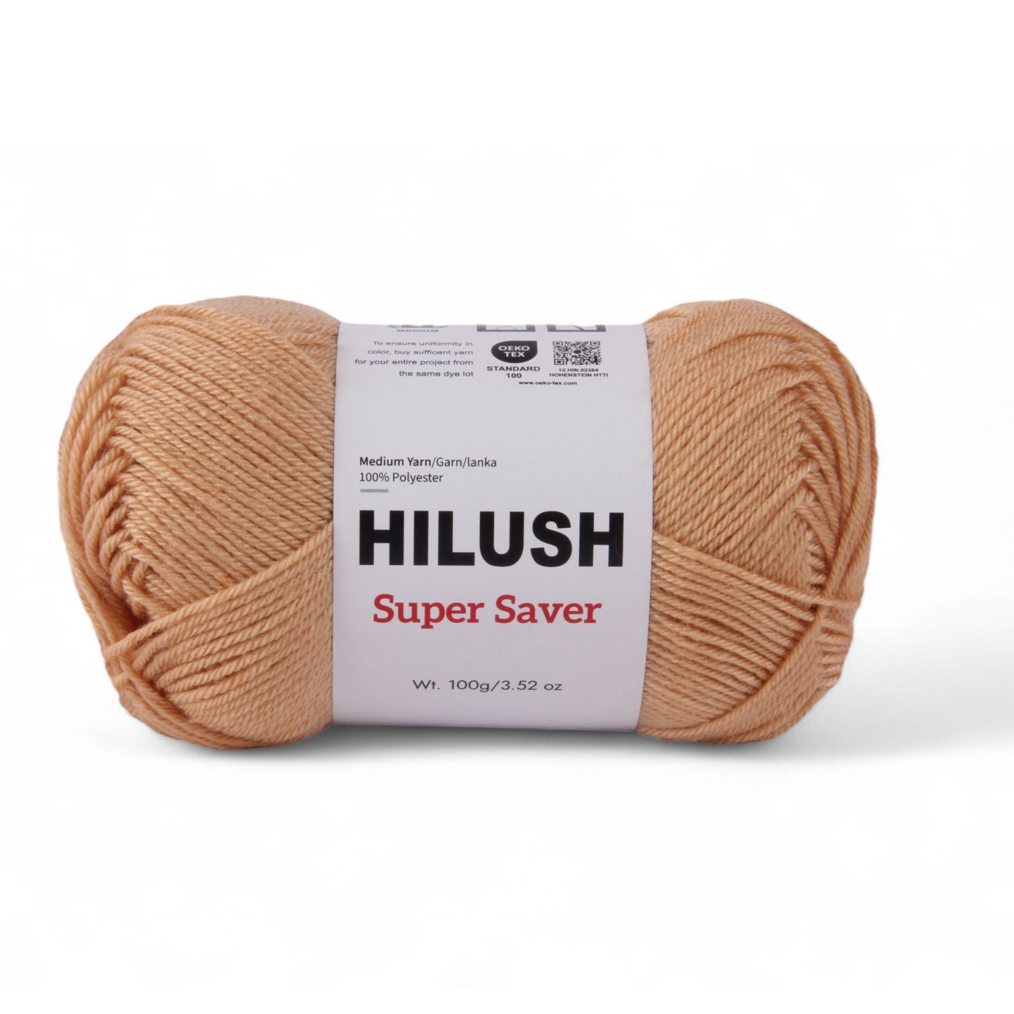 Hilush Super Saver yarn ball in golden beige color, 100g medium weight polyester yarn for knitting and crochet