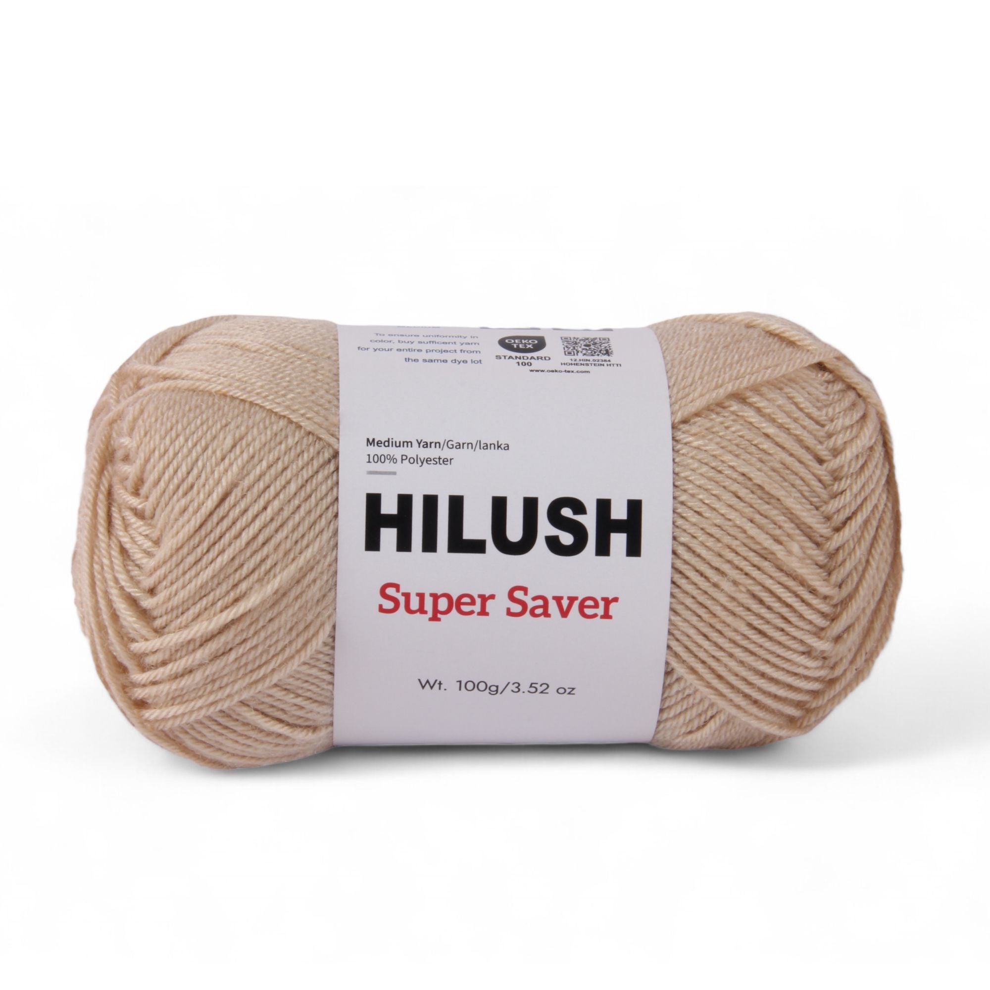 Hilush Super Saver yarn ball in beige color, 100g medium weight polyester yarn for knitting and crochet