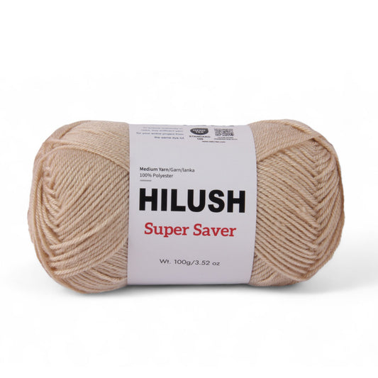Hilush Super Saver yarn ball in beige color, 100g medium weight polyester yarn for knitting and crochet