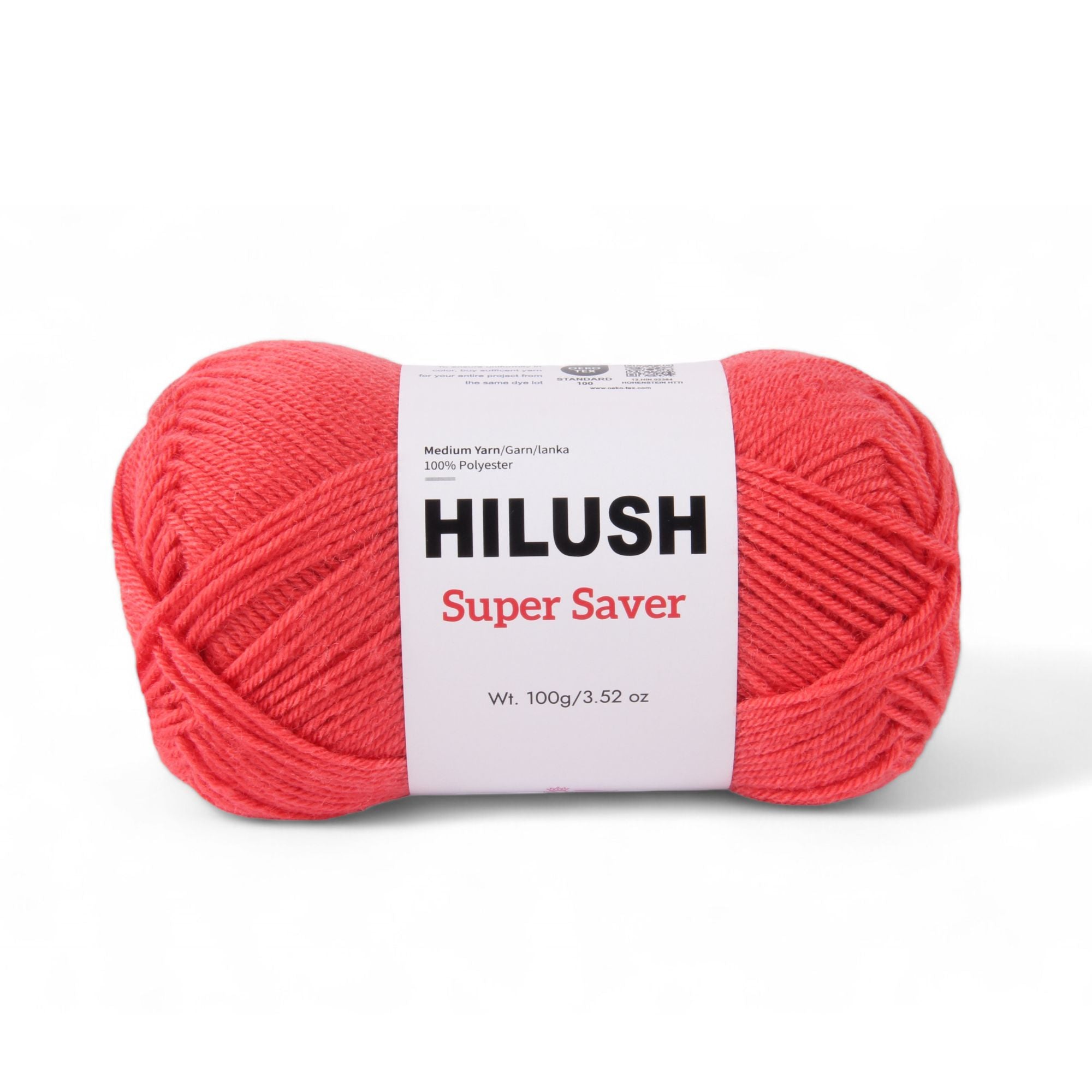 Hilush Super Saver yarn ball in coral color, 100g medium weight polyester yarn for knitting and crochet