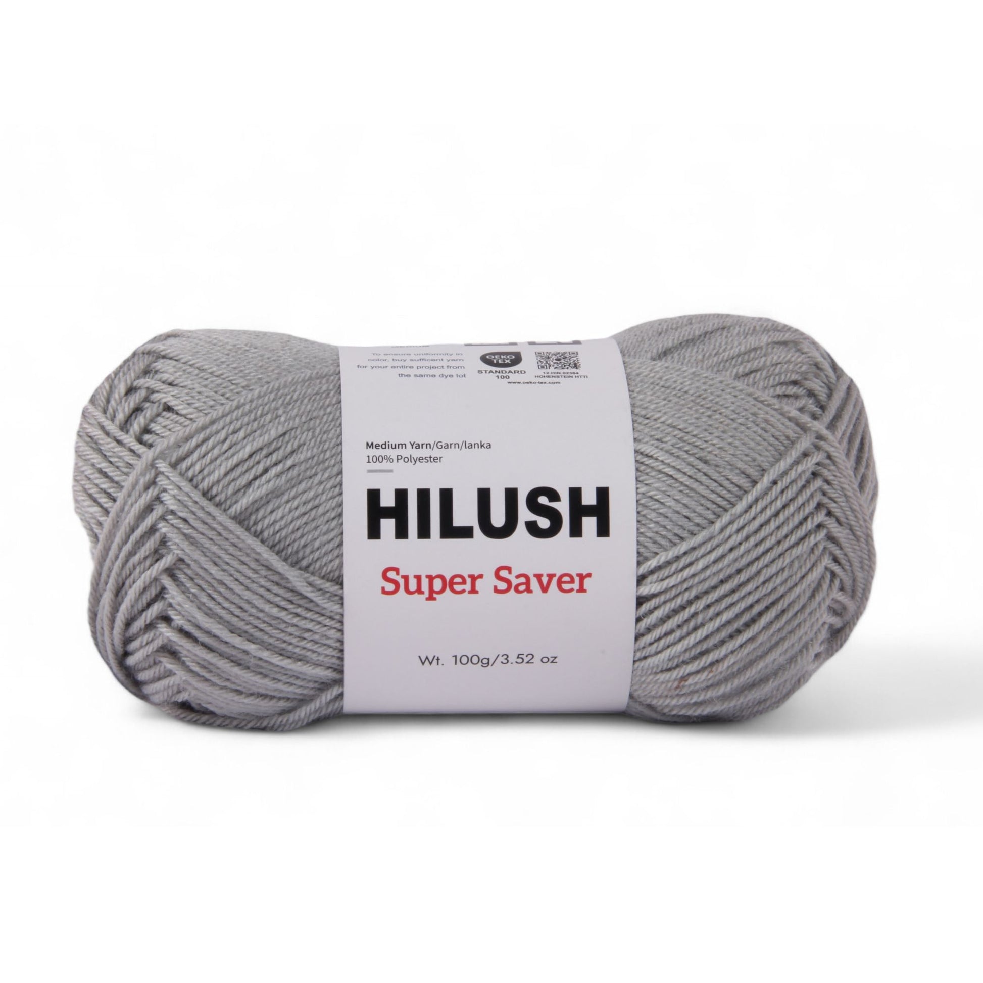 Hilush Super Saver yarn ball in grey color, 100g medium weight polyester yarn for knitting and crochet
