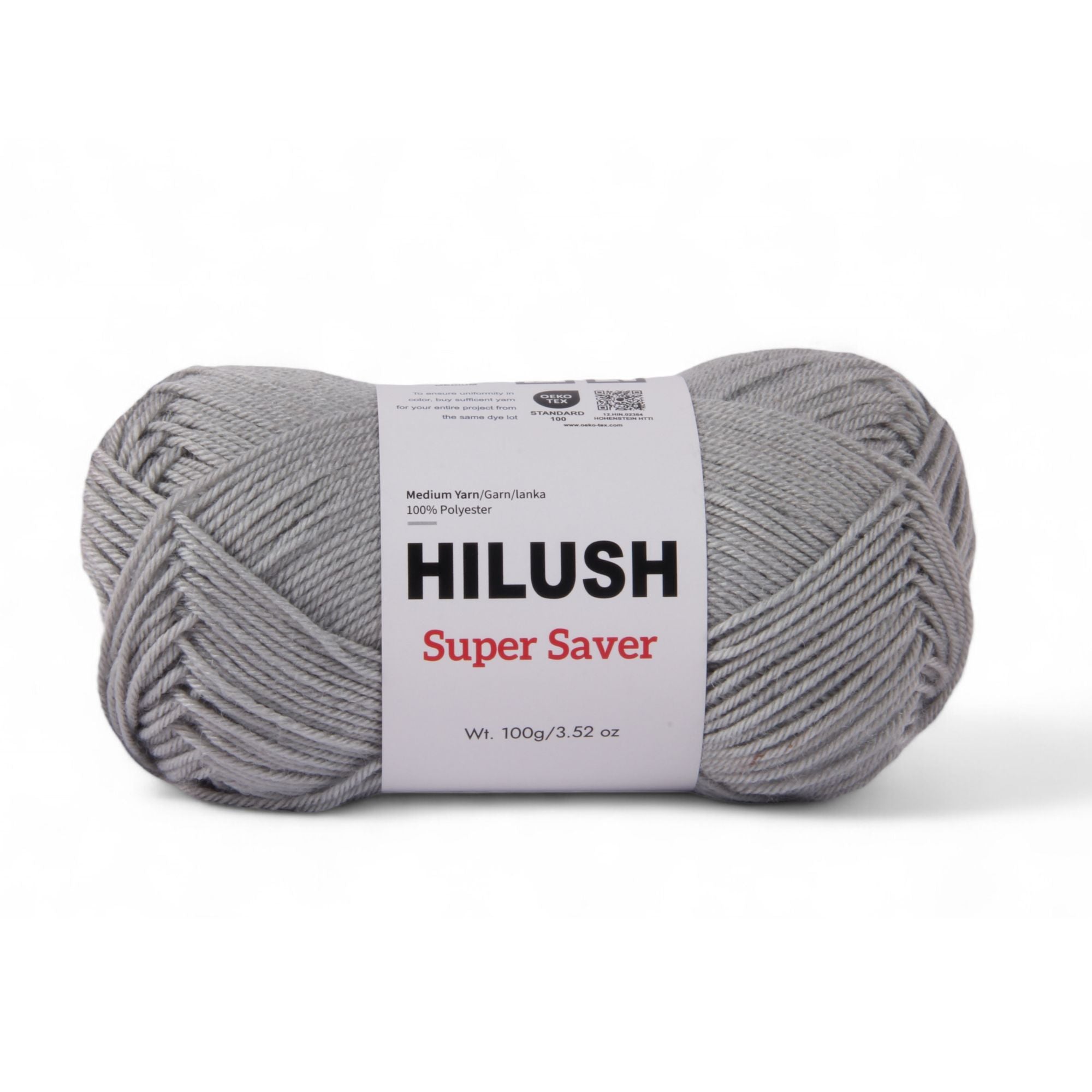 Hilush Super Saver yarn ball in grey color, 100g medium weight polyester yarn for knitting and crochet