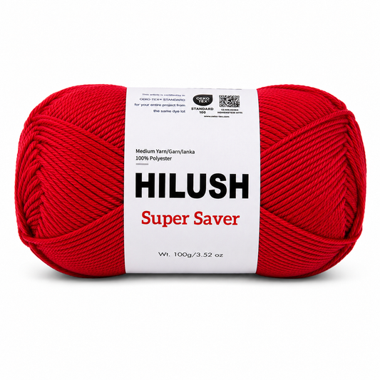 Hilush Super Saver yarn ball in red color, 100g medium weight polyester yarn for knitting and crochet