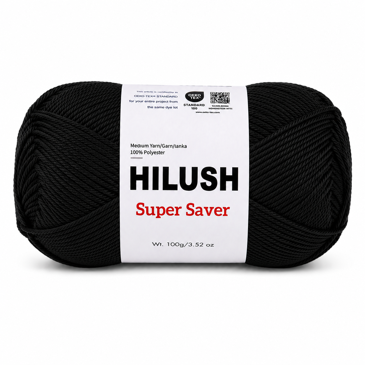 Hilush Super Saver yarn ball in black color, 100g medium weight polyester yarn for knitting and crochet