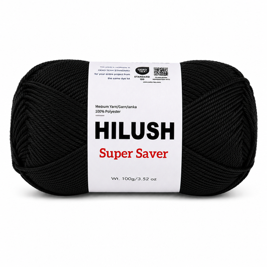 Hilush Super Saver yarn ball in black color, 100g medium weight polyester yarn for knitting and crochet