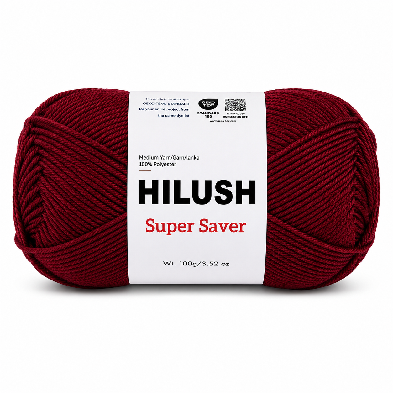 Hilush Super Saver yarn ball in cranberry red color, 100g medium weight polyester yarn for knitting and crochet