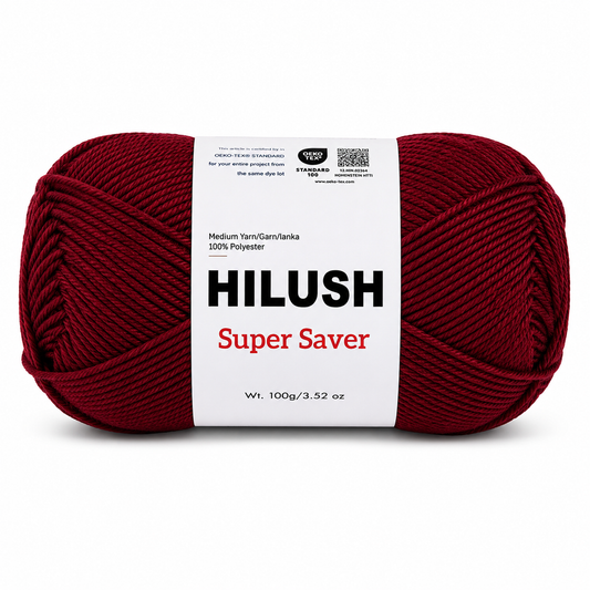 Hilush Super Saver yarn ball in cranberry red color, 100g medium weight polyester yarn for knitting and crochet