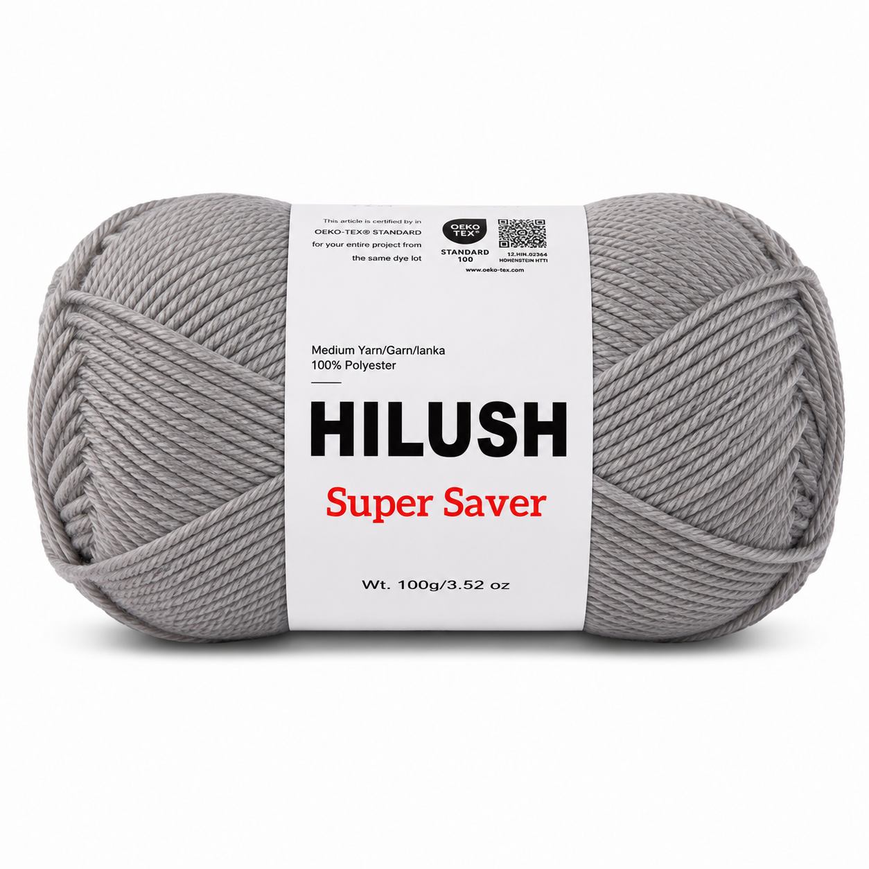 Hilush Super Saver yarn ball in grey color, 100g medium weight polyester yarn for knitting and crochet