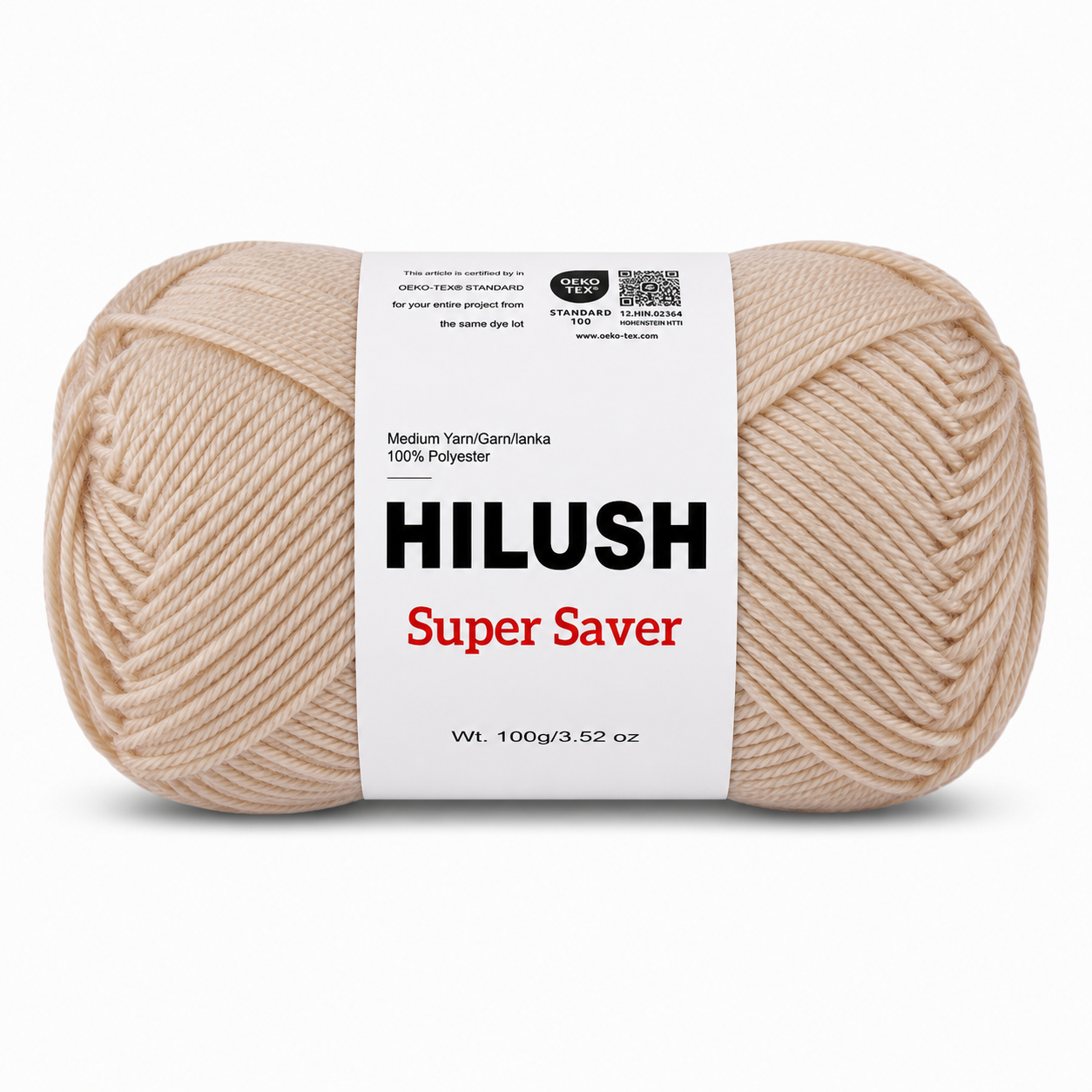 Hilush Super Saver yarn ball in beige color, 100g medium weight polyester yarn for knitting and crochet